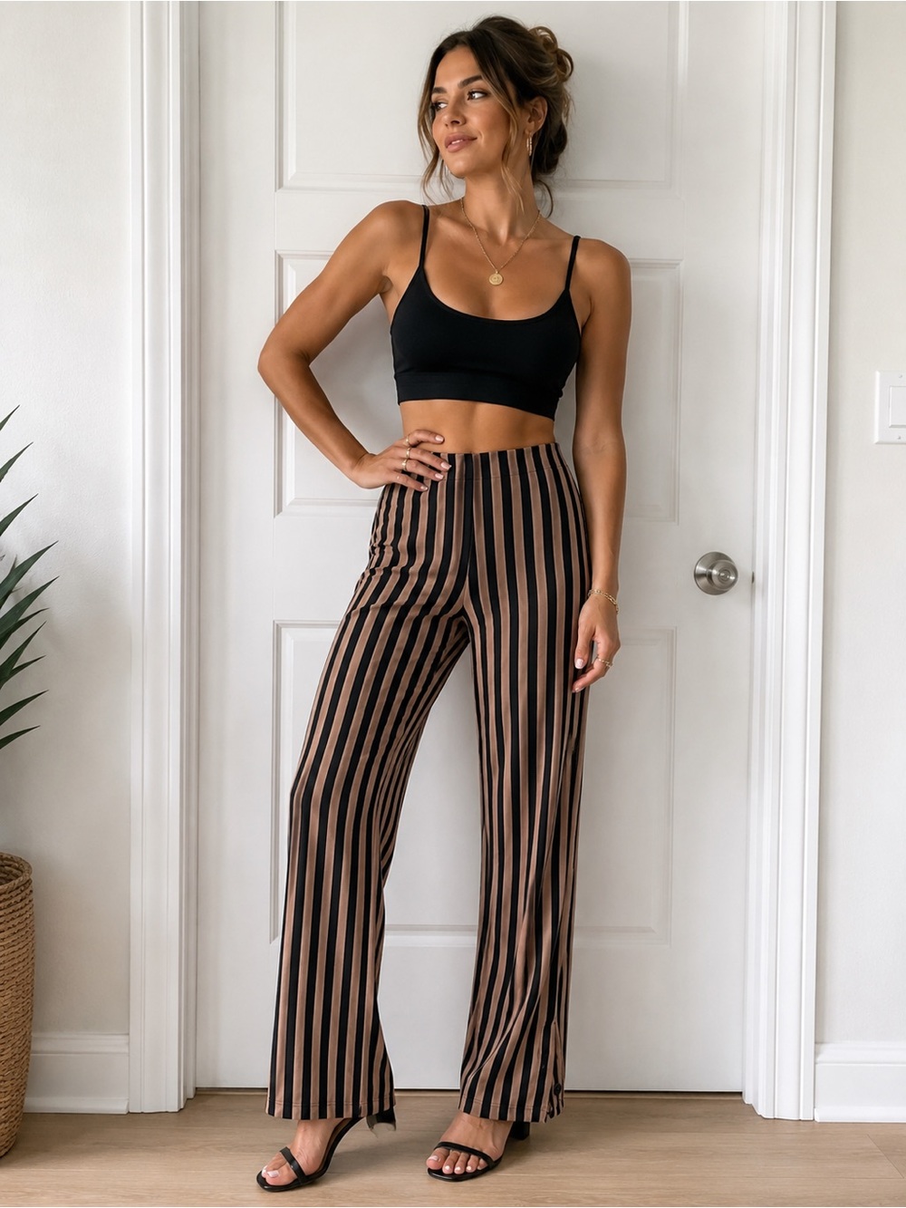 Striped Light Weight Elastic Wide-Leg Pants in Black & Brown Stripes